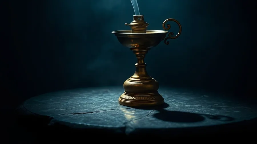 An ornate brass oil lamp on a dark stone table with a thin plume of vapor rising into shadow under a single hard spotlight
