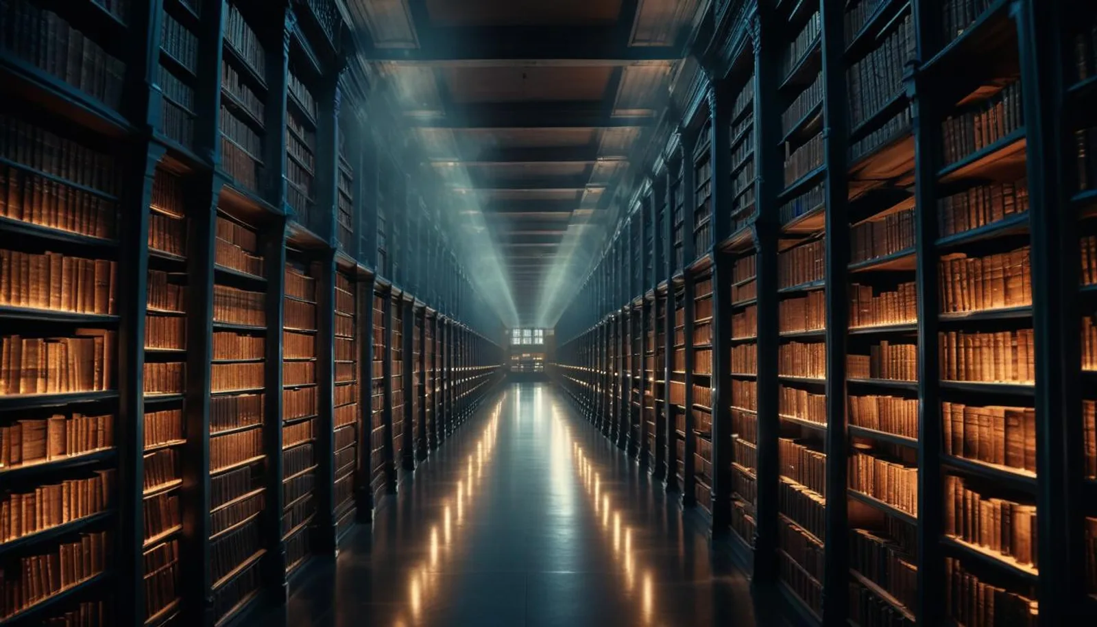 A cavernous dark library hall with endless tall bookshelves and a cool blue scanning beam cascading from above, evoking AI-scale knowledge search