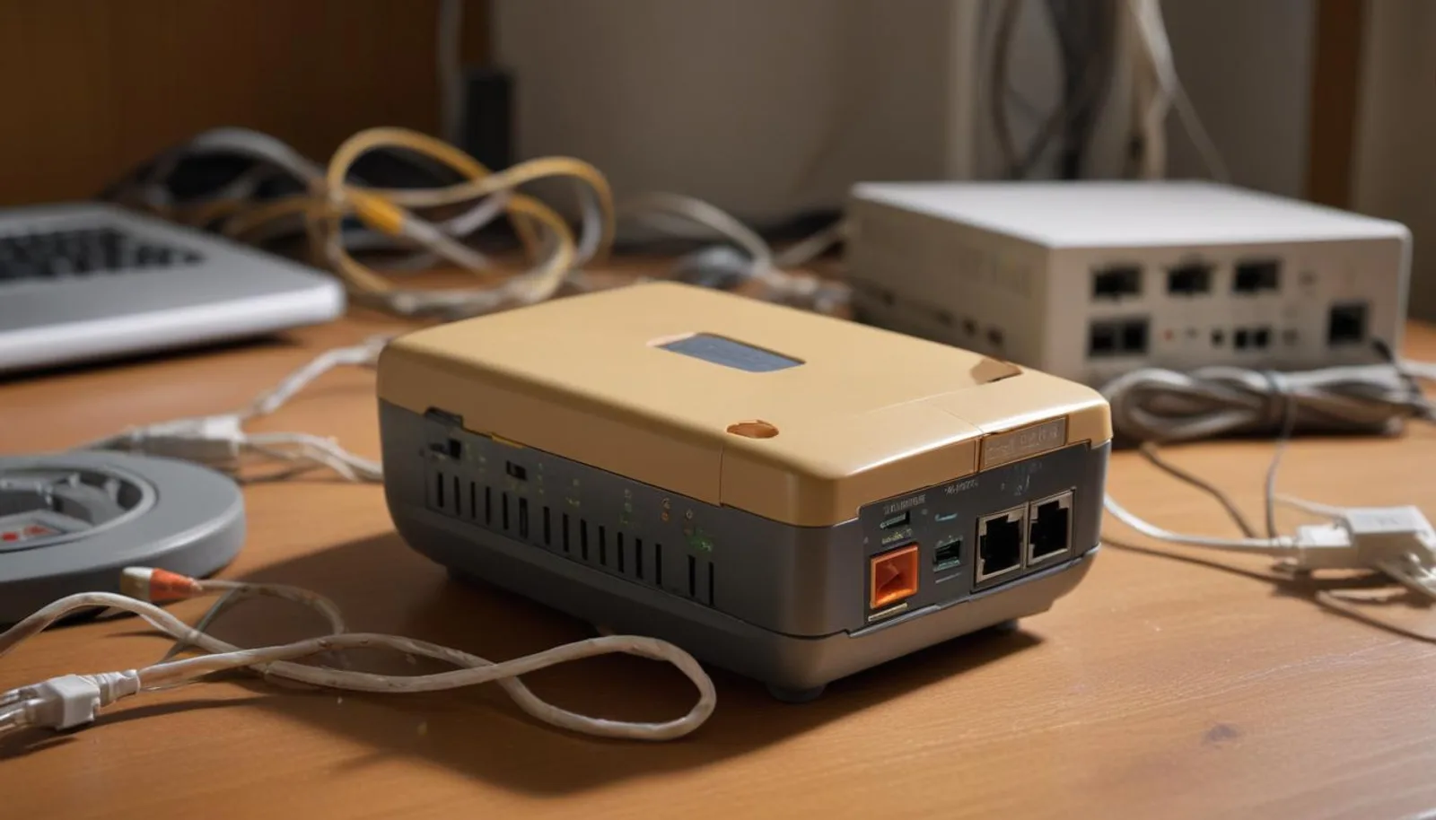 Old dusty consumer internet router sitting on a cluttered home office desk, tangle of worn cables trailing behind