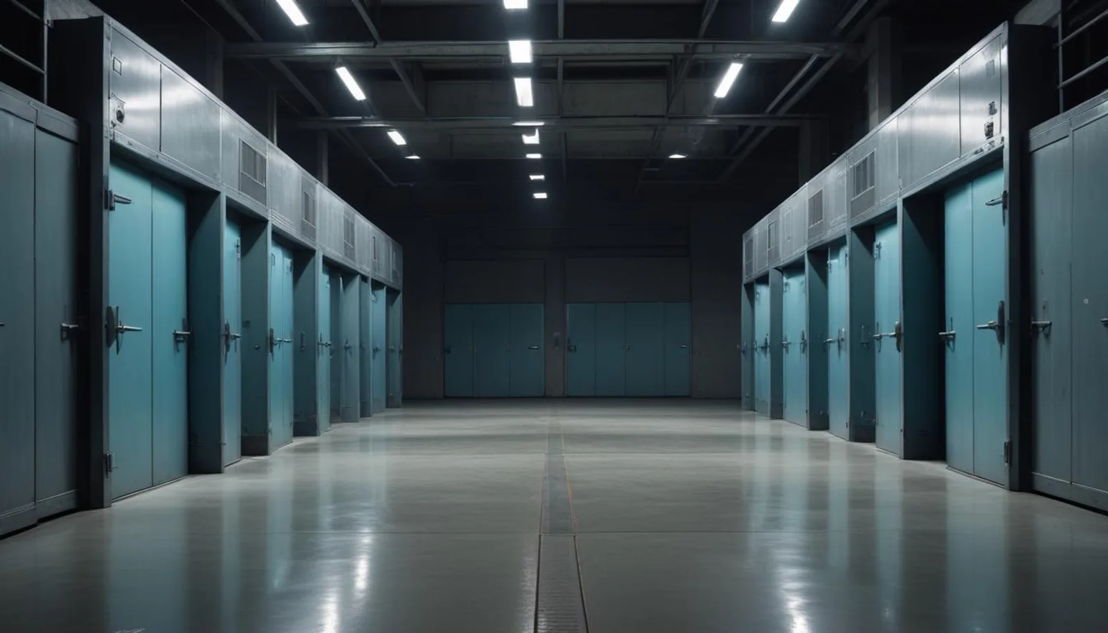 Wide industrial corridor of teal security doors converging to a vanishing point under harsh fluorescent lighting