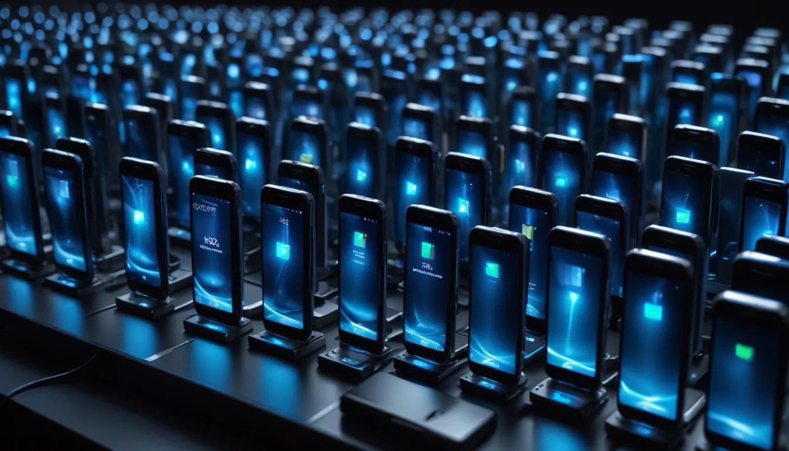 Rows of identical corporate smartphones in a charging cradle illuminated by cool blue management interfaces, evoking centralized mobile device control
