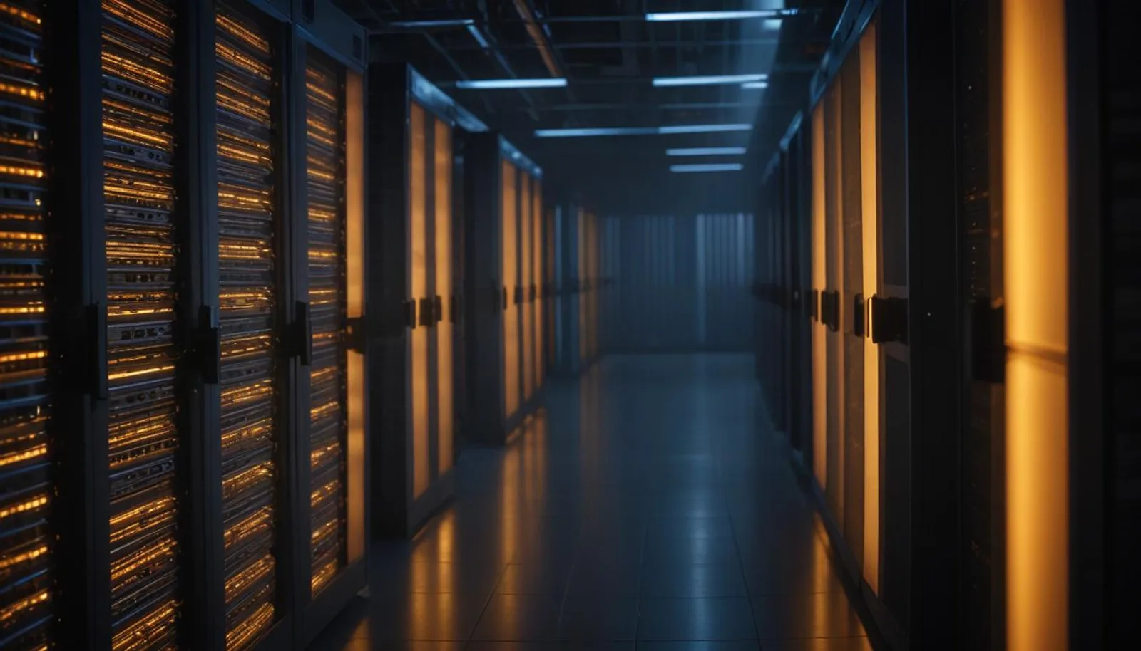 First light of dawn breaking through slatted blinds of an enterprise data center aisle, warm amber sun cutting across server racks