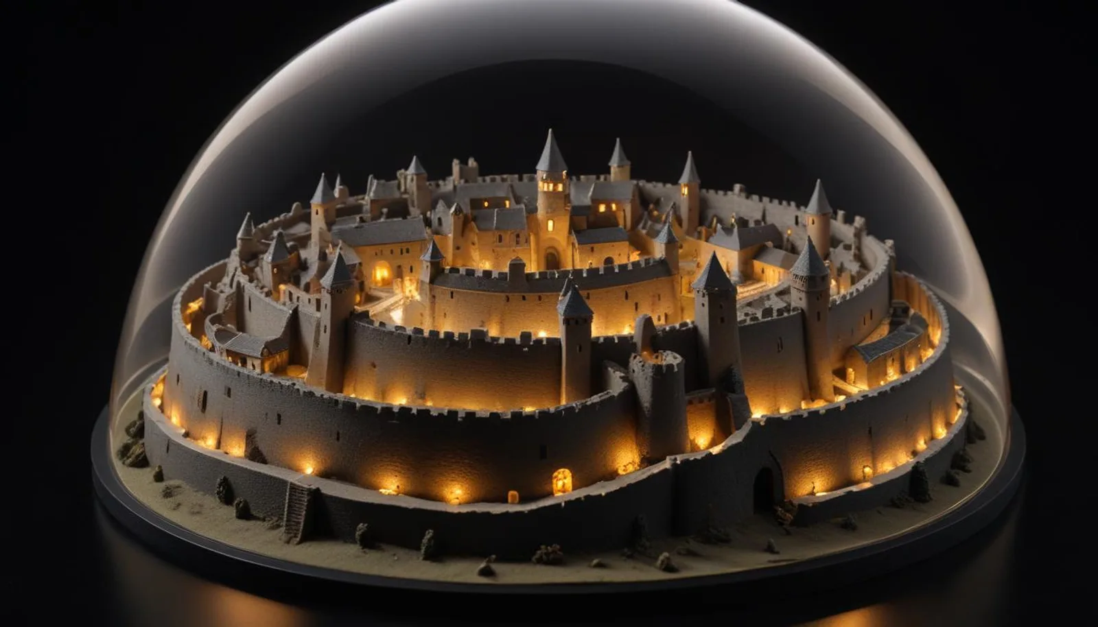 A miniature walled fortress lit from within and enclosed under a transparent glass dome on a black surface, evoking restricted access to a powerful capability