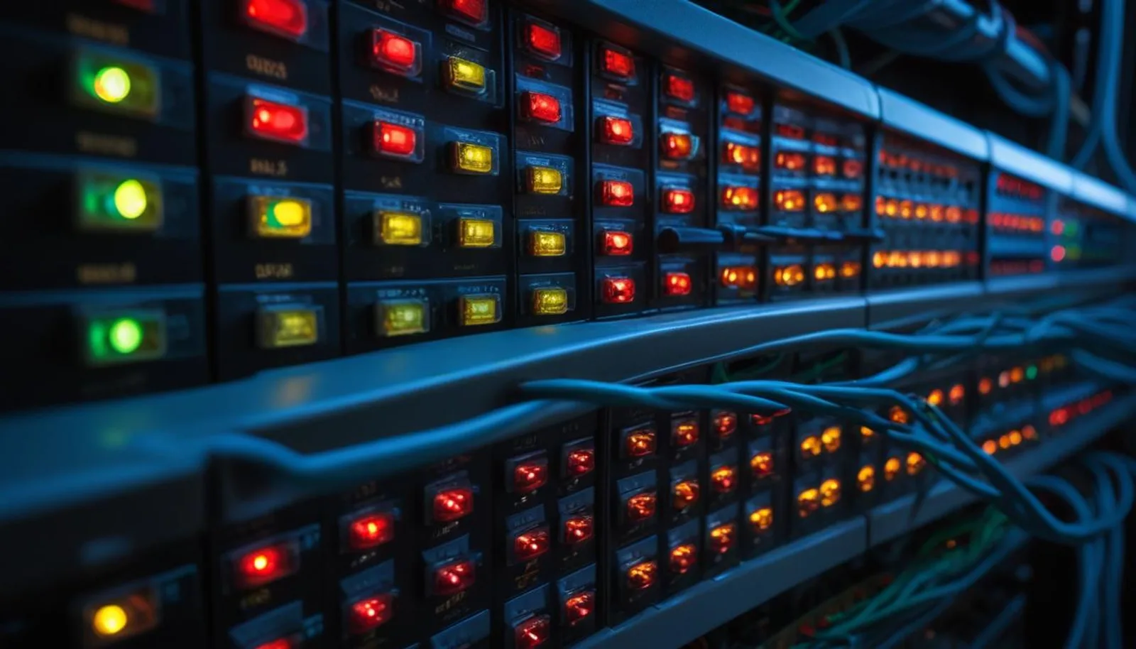 Close-up of a network patch panel with numbered ports and blue patch cables, evoking the monthly patch cycle