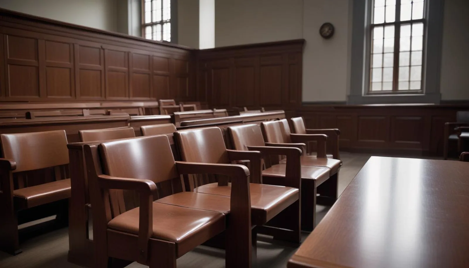 Empty mahogany witness and gallery chairs in a quiet US federal courtroom, soft natural light from a tall window, somber documentary tone