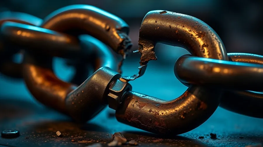 Macro photograph of heavy steel chain links on a dark surface, one link fractured and split open under blue and amber light