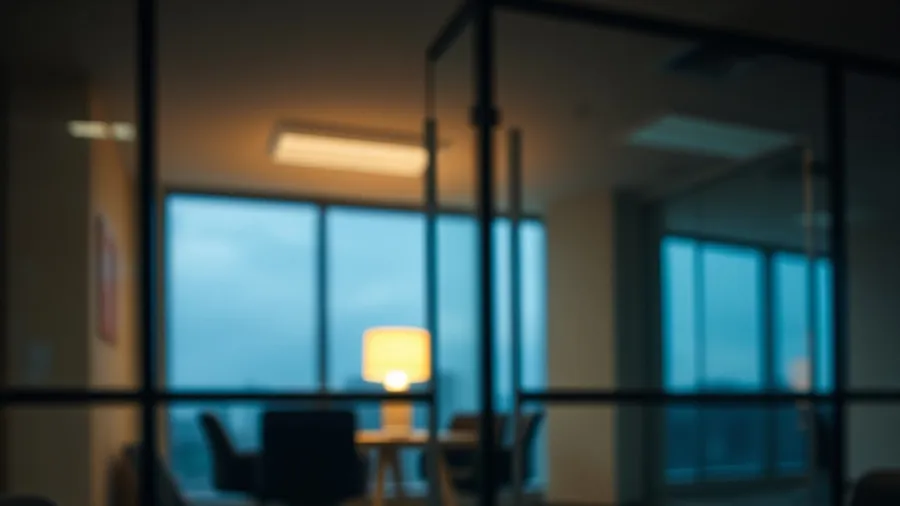 Glass-walled office rooms at dusk viewed through the partition of a neighbouring dark, empty office